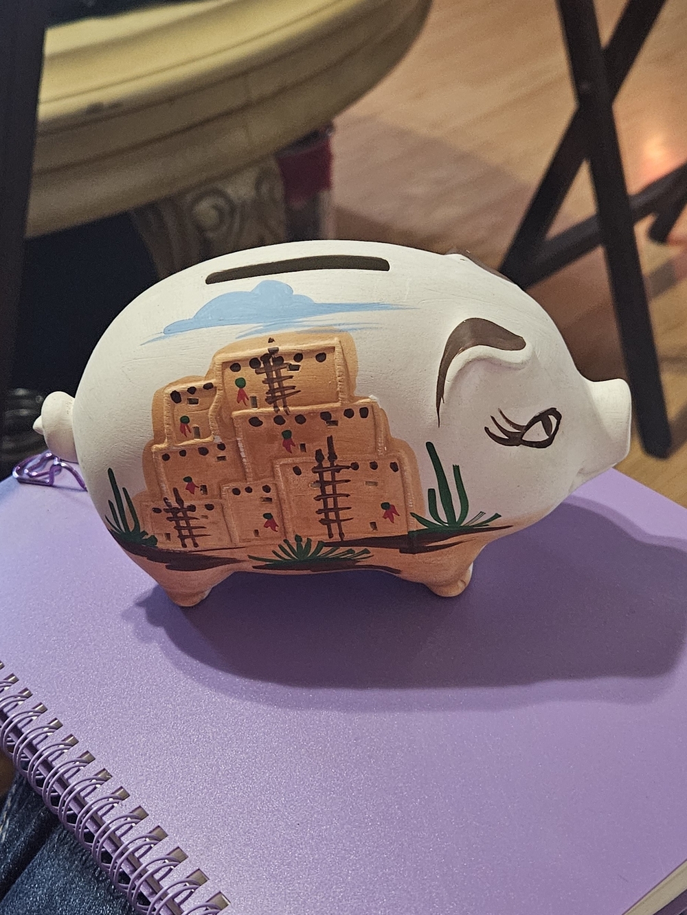 Hand-Painted White Ceramic Piggy Bank with Southwestern Design